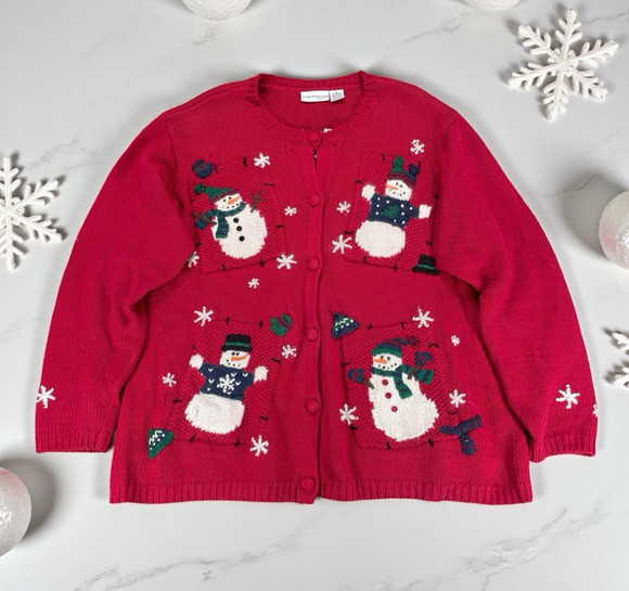 croft & barrow Sweaters - VTG Croft & Barrow Red Snowman Christmas Cardigan Sweater Sz XL Embroidered Fun
